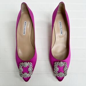 Manolo Blahnik Hangisi 70 Magenta Purple Satin Crystal Buckle Pumps Heels 41